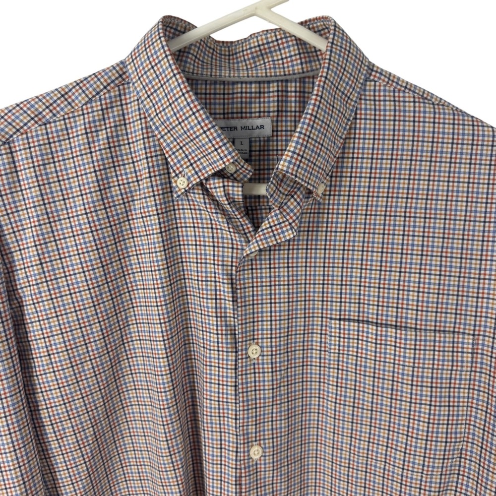 Peter Millar Mens Large Plaid Button Down Shirt Blue Orange Stretch Performance - Picture 5 of 10